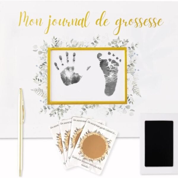 Coffret journal de grossesse à remplir Janazur avec kit d’empreinte bébé, 4 cartes à gratter et stylo doré
