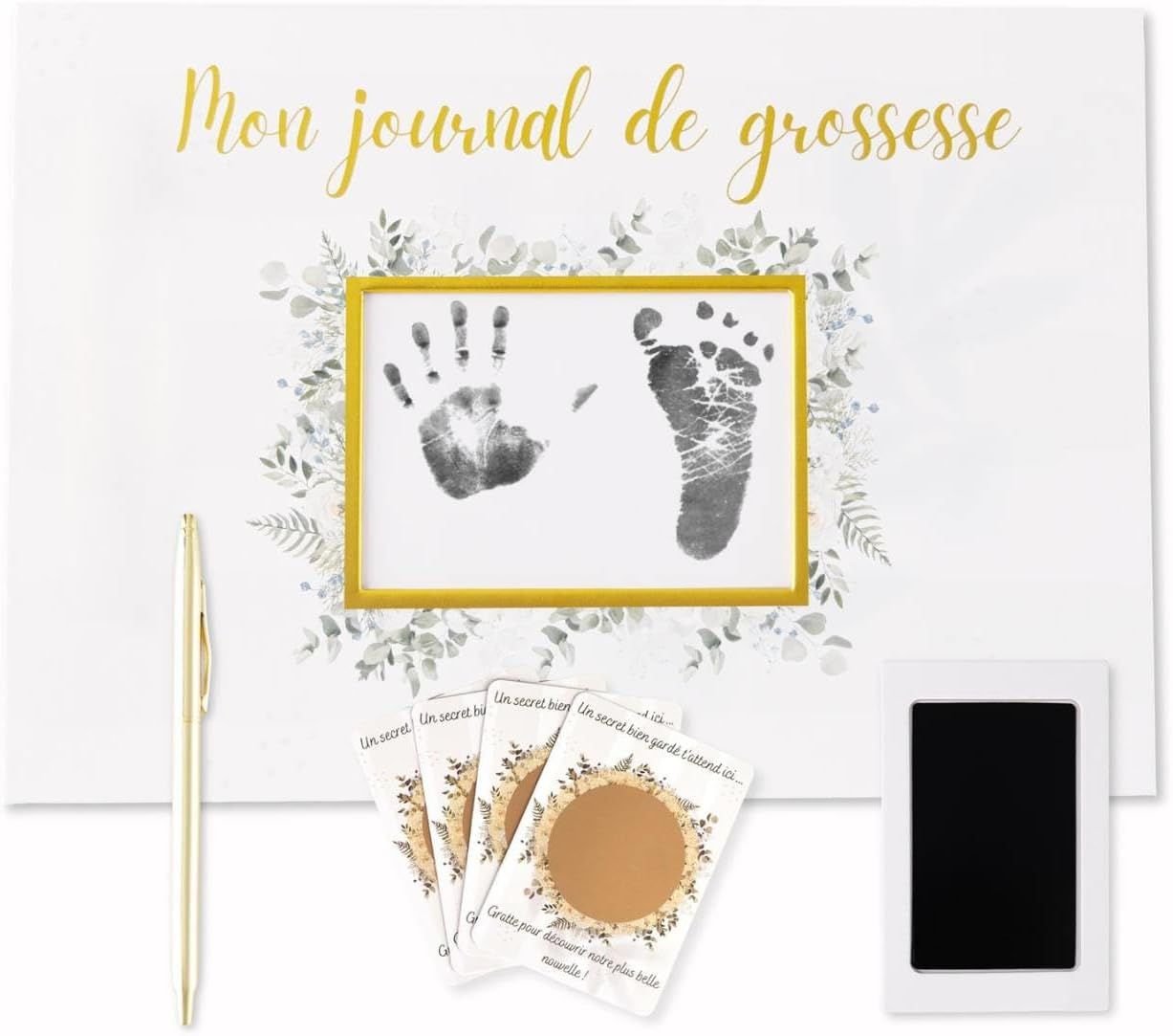 Coffret journal de grossesse à remplir Janazur avec kit d’empreinte bébé, 4 cartes à gratter et stylo doré