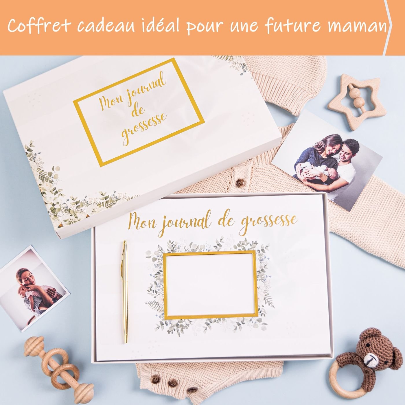 Coffret cadeau future maman : boîte blanche à dorure contenant le journal de grossesse Janazur